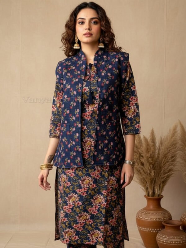 designer winter kurta set with quilted jacket & straight pant designer winter kurta set with quilted jacket & straight pant