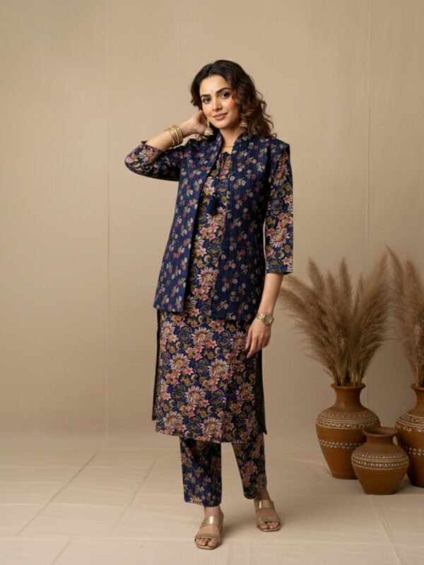 designer winter kurta set with quilted jacket & straight pant designer winter kurta set with quilted jacket & straight pant