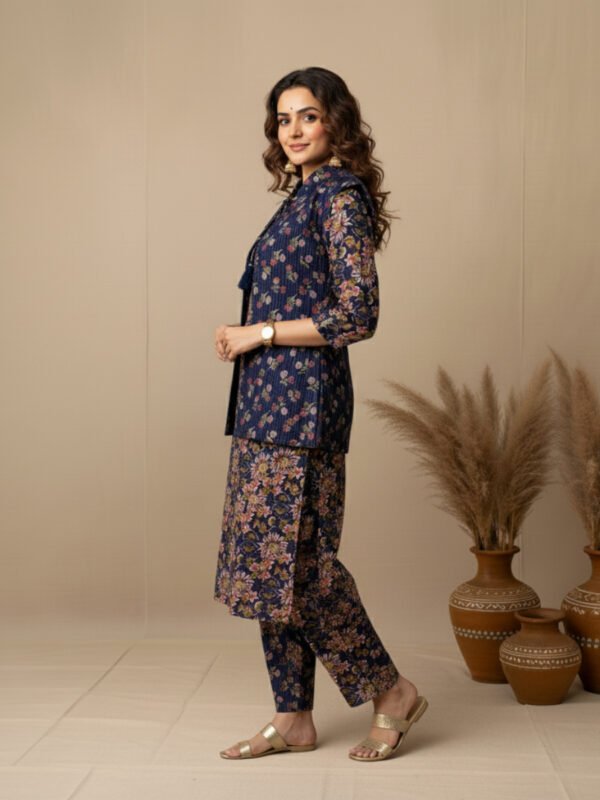 designer winter kurta set with quilted jacket & straight pant designer winter kurta set with quilted jacket & straight pant