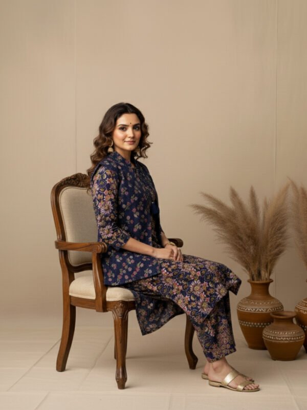 designer winter kurta set with quilted jacket & straight pant designer winter kurta set with quilted jacket & straight pant