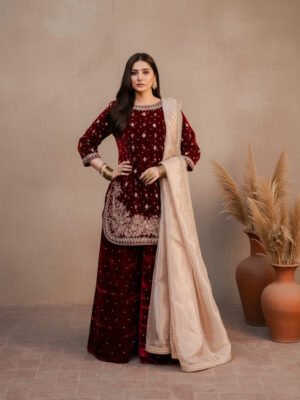 designer maroon velvet party wear set | heavy work & silk dupatta