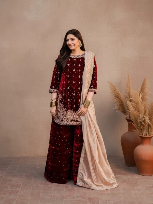 designer maroon velvet party wear set | heavy work & silk dupatta