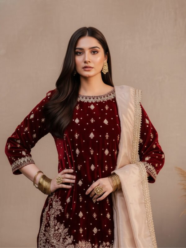 designer maroon velvet party wear set | heavy work & silk dupatta