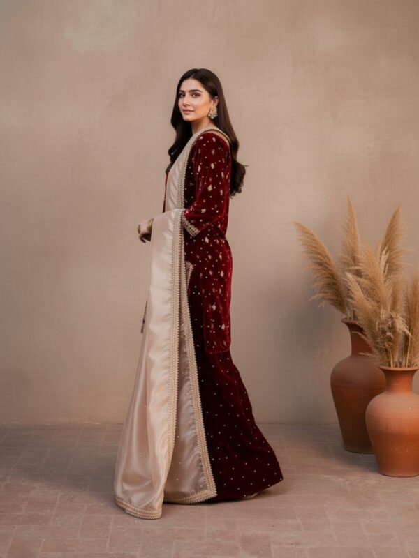 designer maroon velvet party wear set | heavy work & silk dupatta