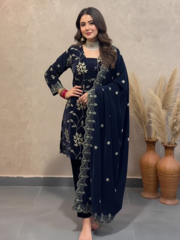 heavy viscose velvet suit | multi sequence embroidery & velvet dupatta