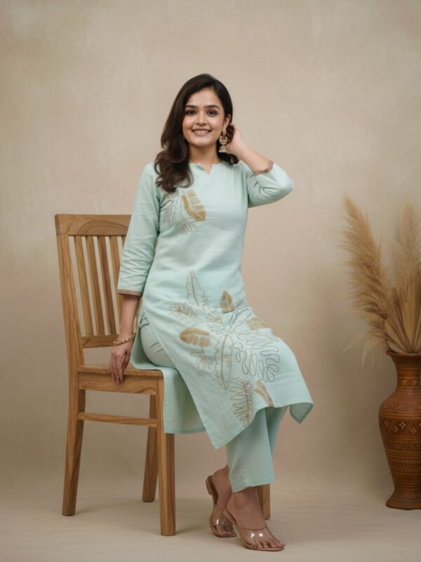 mint green embroidered kurti set | comfortable daily/work wardrobe