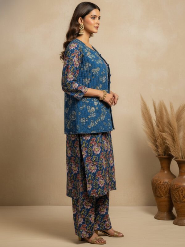 designer winter kurta set with quilted jacket & straight pant designer winter kurta set with quilted jacket & straight pant