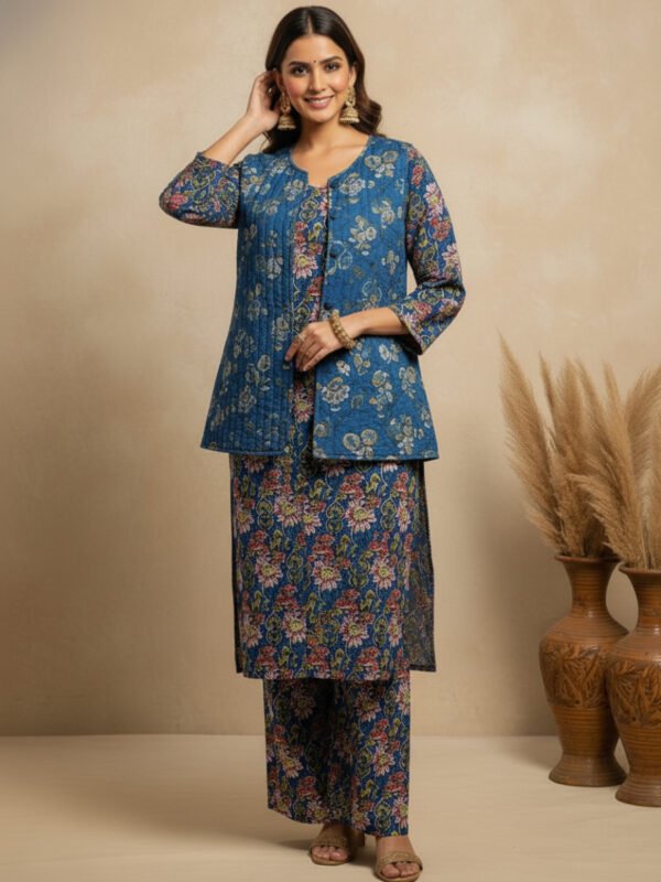 designer winter kurta set with quilted jacket & straight pant designer winter kurta set with quilted jacket & straight pant