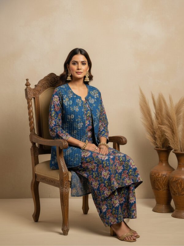 designer winter kurta set with quilted jacket & straight pant designer winter kurta set with quilted jacket & straight pant