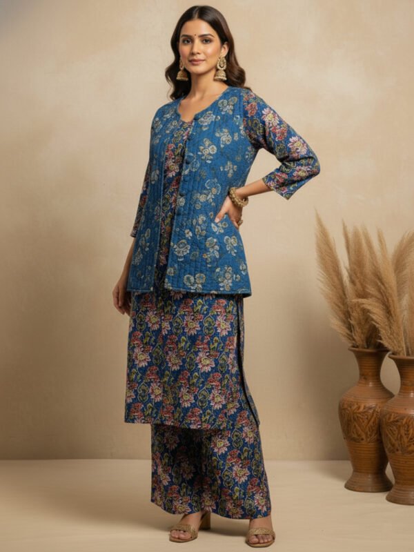 designer winter kurta set with quilted jacket & straight pant designer winter kurta set with quilted jacket & straight pant