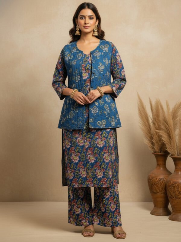 designer winter kurta set with quilted jacket & straight pant designer winter kurta set with quilted jacket & straight pant
