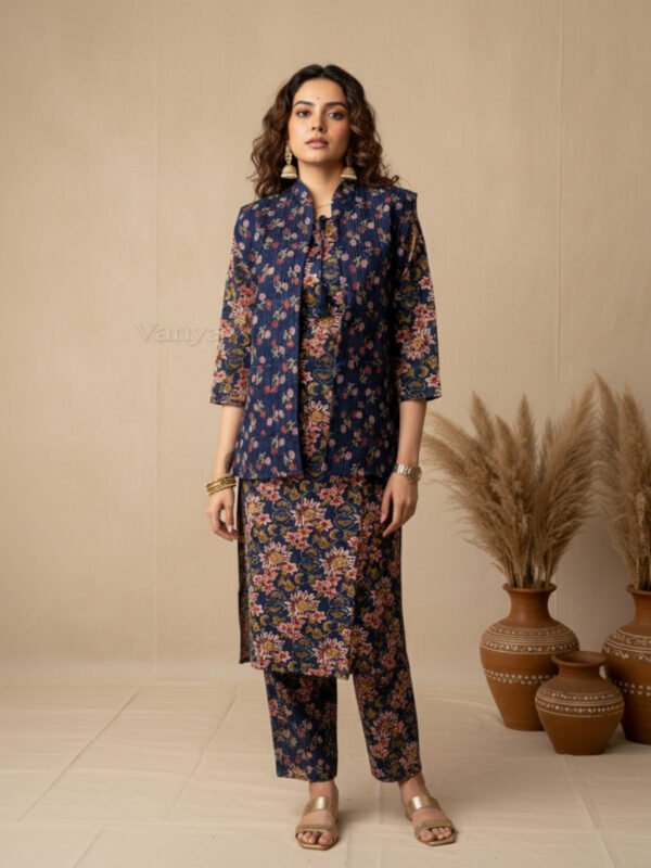 designer winter kurta set with quilted jacket & straight pant designer winter kurta set with quilted jacket & straight pant